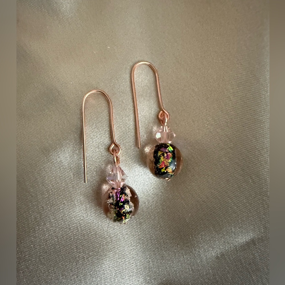 Murano Glass Metallic Confetti Bead Dangle Earrings Black Pink & Gold